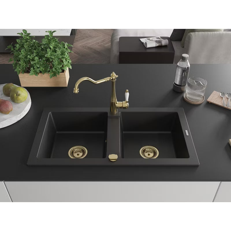 Granitvask Mario 2-Kammer 82x43,6 cm Sort med Armatur
