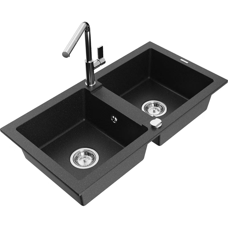 Granitvask Mario 2-Kammer 82x43,6 cm Sort med Armatur