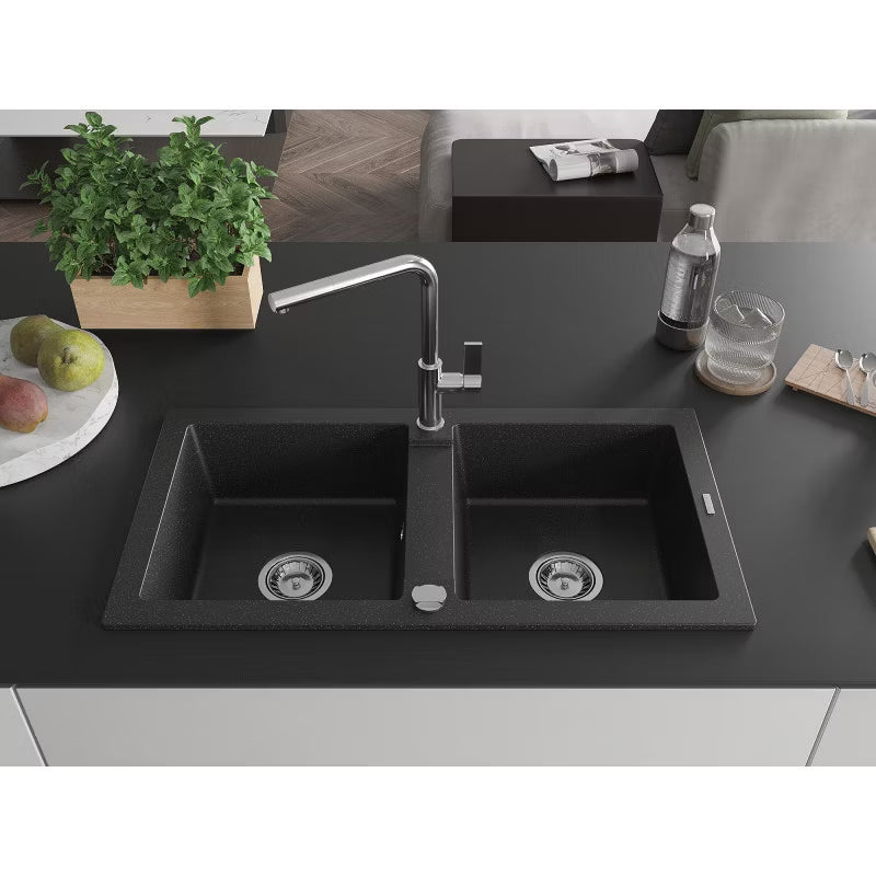 Granitvask Mario 2-Kammer 82x43,6 cm Sort med Armatur