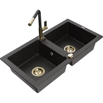 Granitvask Mario 2-Kammer 82x43,6 cm Sort med Guld og Armatur