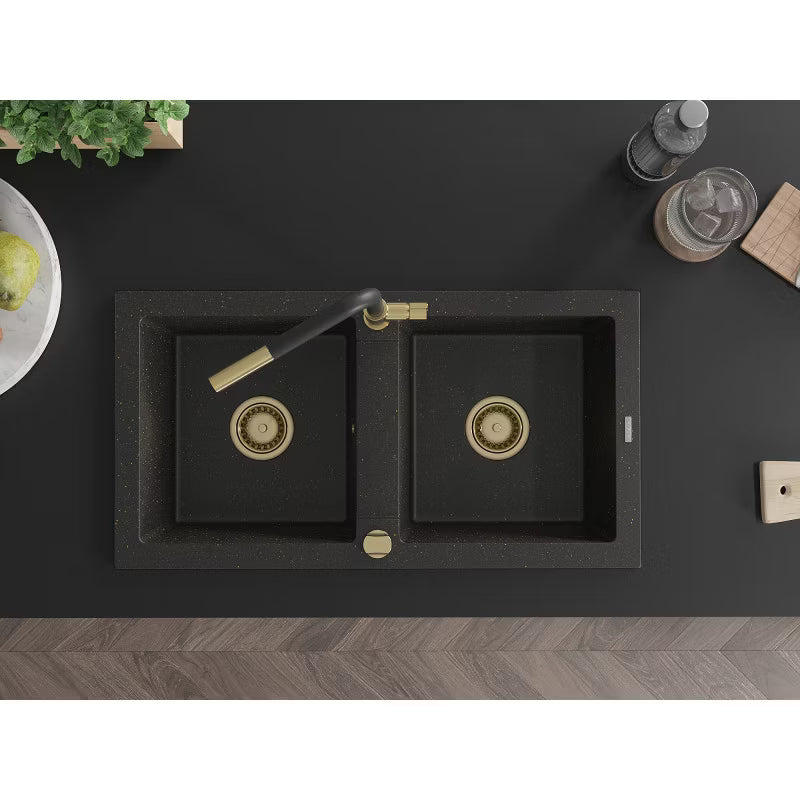 Granitvask Mario 2-Kammer 82x43,6 cm Sort med Guld og Armatur