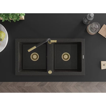 Granitvask Mario 2-Kammer 82x43,6 cm Sort med Guld og Armatur