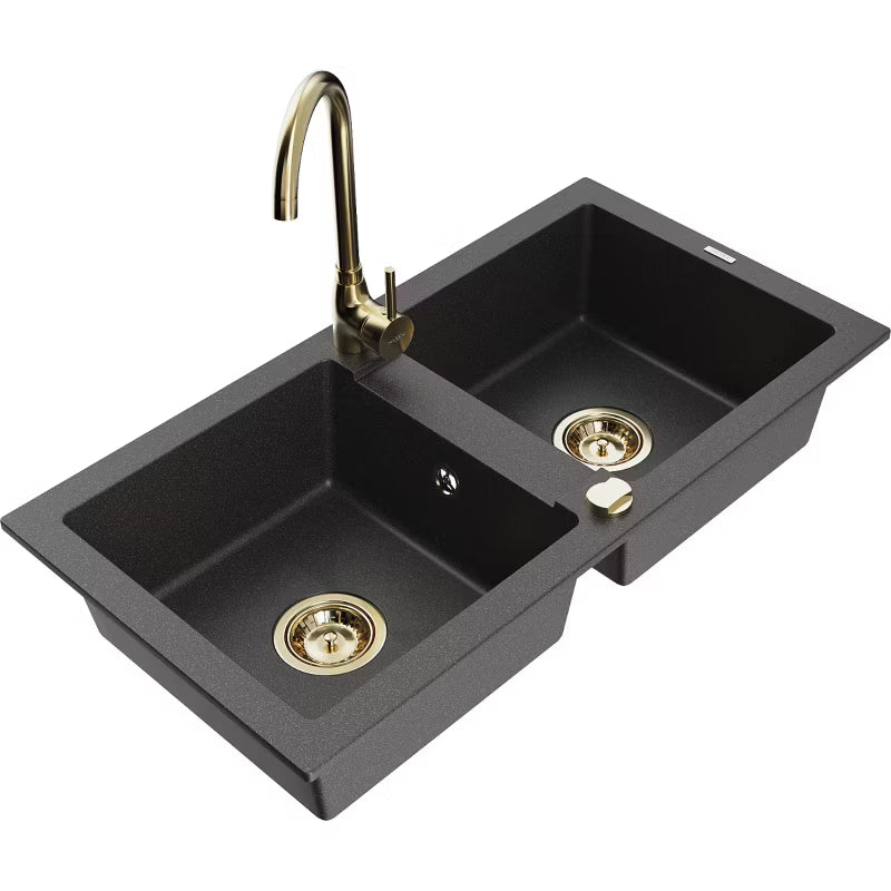Granitvask Mario 2-Kammer 82x43,6 cm Sort Spættet med Armatur