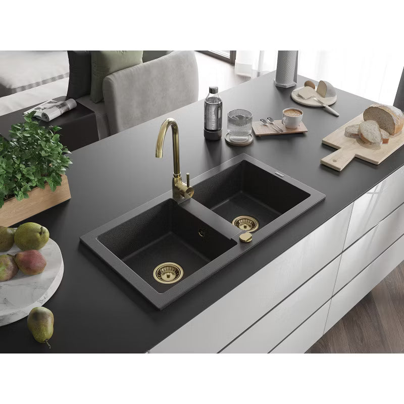 Granitvask Mario 2-Kammer 82x43,6 cm Sort Spættet med Armatur