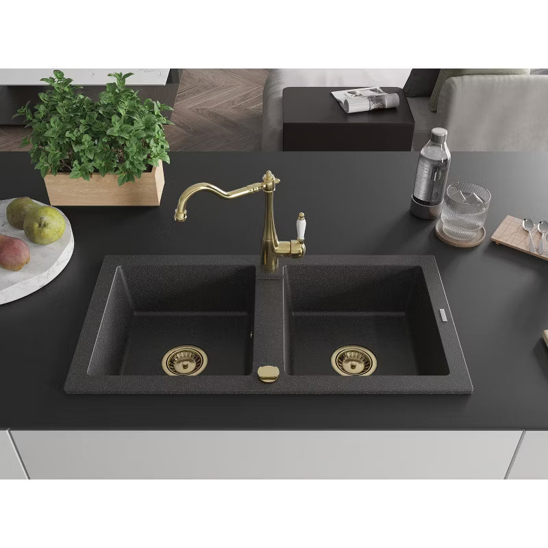 Granitvask Mario 2-Kammer 82x43,6 cm Sort Spættet med Armatur