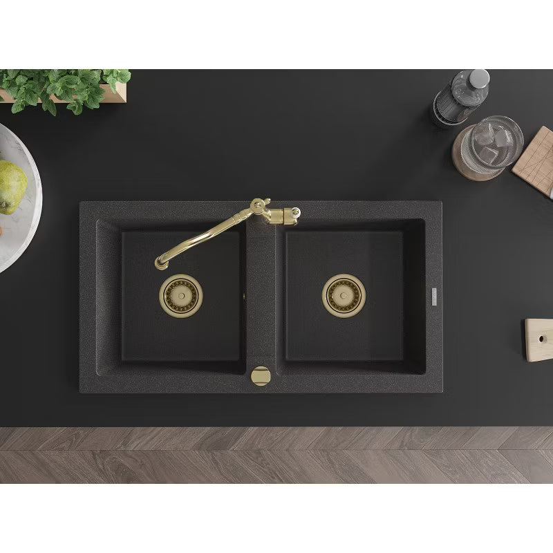 Granitvask Mario 2-Kammer 82x43,6 cm Sort Spættet med Armatur