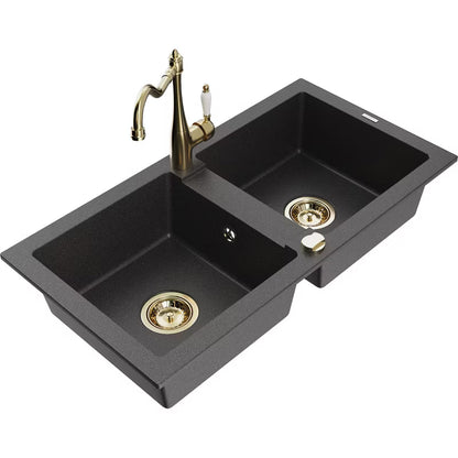 Granitvask Mario 2-Kammer 82x43,6 cm Sort Spættet med Armatur