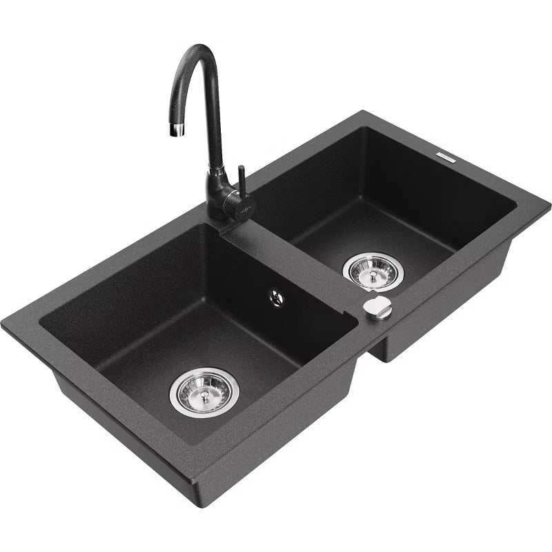 Granitvask Mario 2-Kammer 82x43,6 cm Sort med Armatur