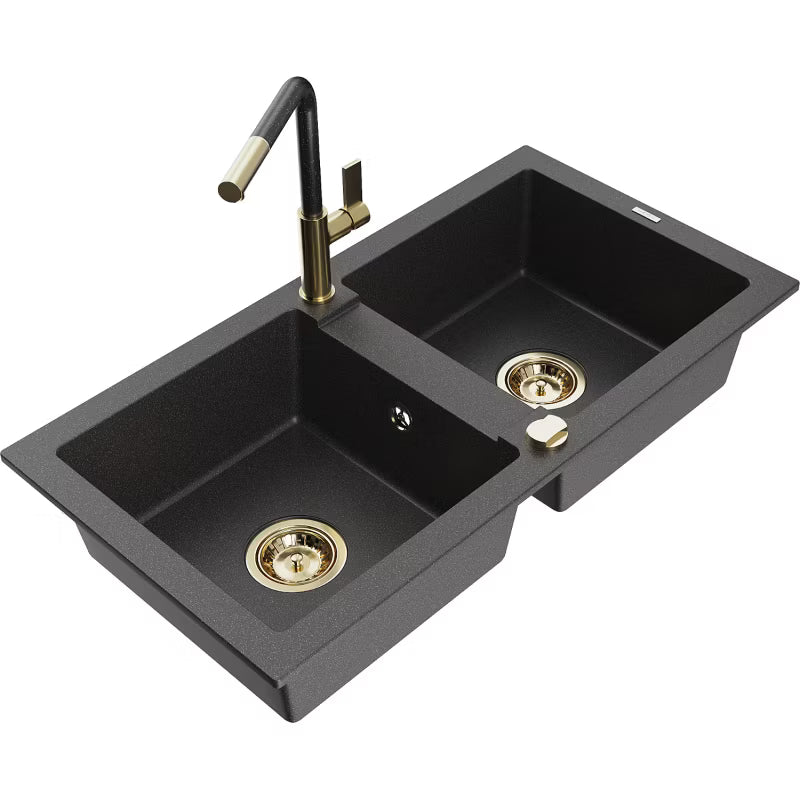 Granitvask Mario 2-Kammer 82x43,6 cm Sort med Armatur