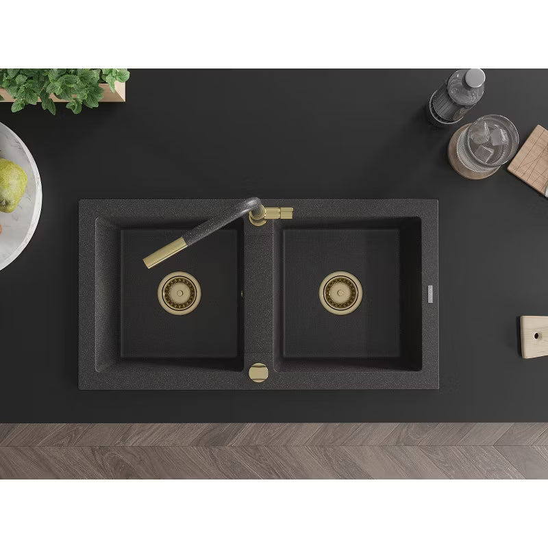 Granitvask Mario 2-Kammer 82x43,6 cm Sort med Armatur