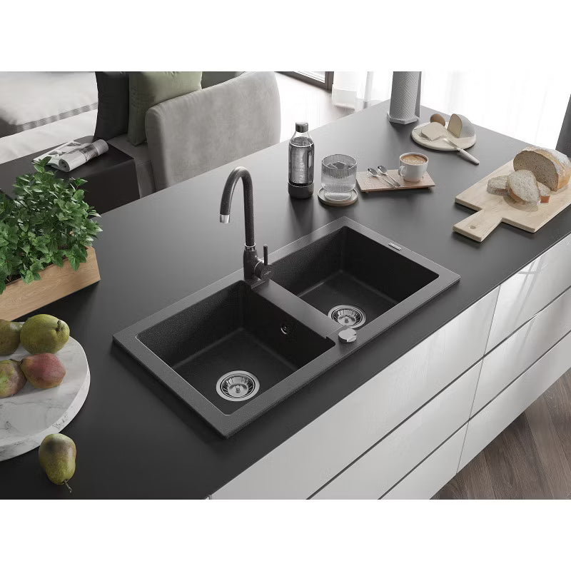 Granitvask Mario 2-Kammer 82x43,6 cm Sort med Armatur