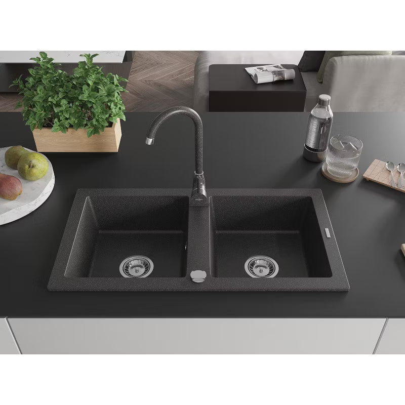 Granitvask Mario 2-Kammer 82x43,6 cm Sort med Armatur