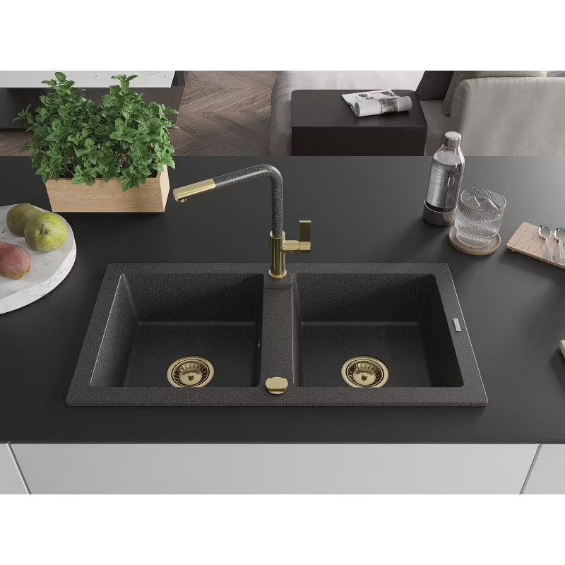 Granitvask Mario 2-Kammer 82x43,6 cm Sort med Armatur
