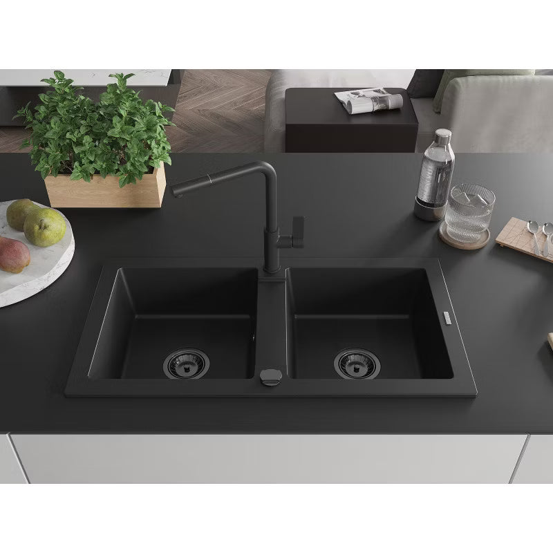 Granitvask Mario 2-Kammer 82x43,6 cm Sort med Armatur