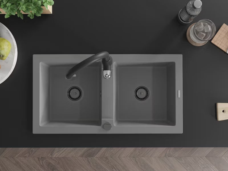 Granitvask Mario 2-Kammer 82x43,6 cm Grå med Armatur