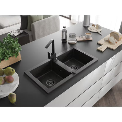 Granitvask Mario 2-Kammer 82x43,6 cm med Armatur Sort/Guld Metallisk
