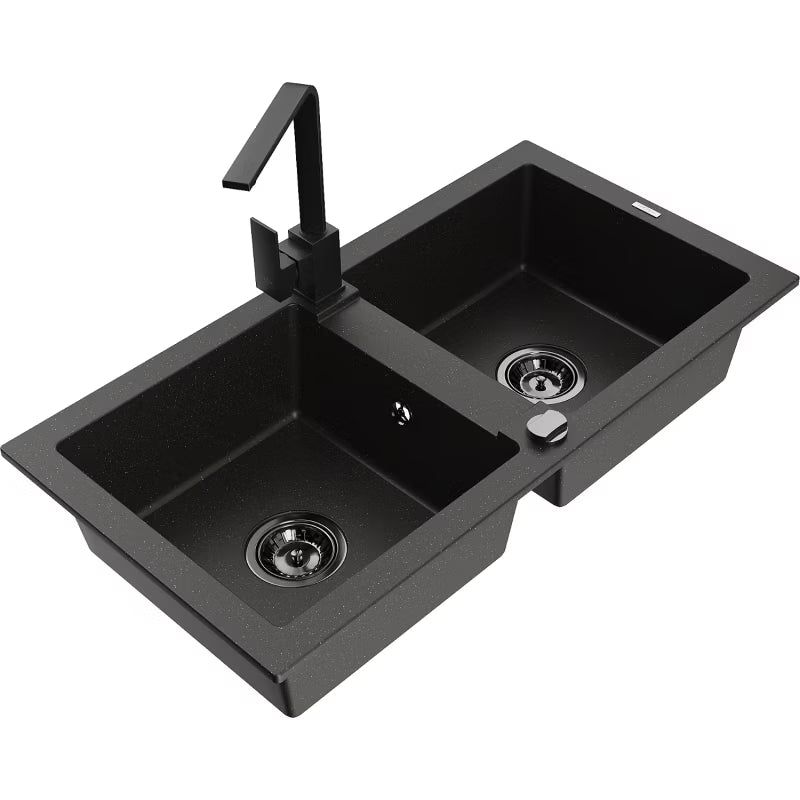 Granitvask Mario 2-Kammer 82x43,6 cm med Armatur Sort/Guld Metallisk
