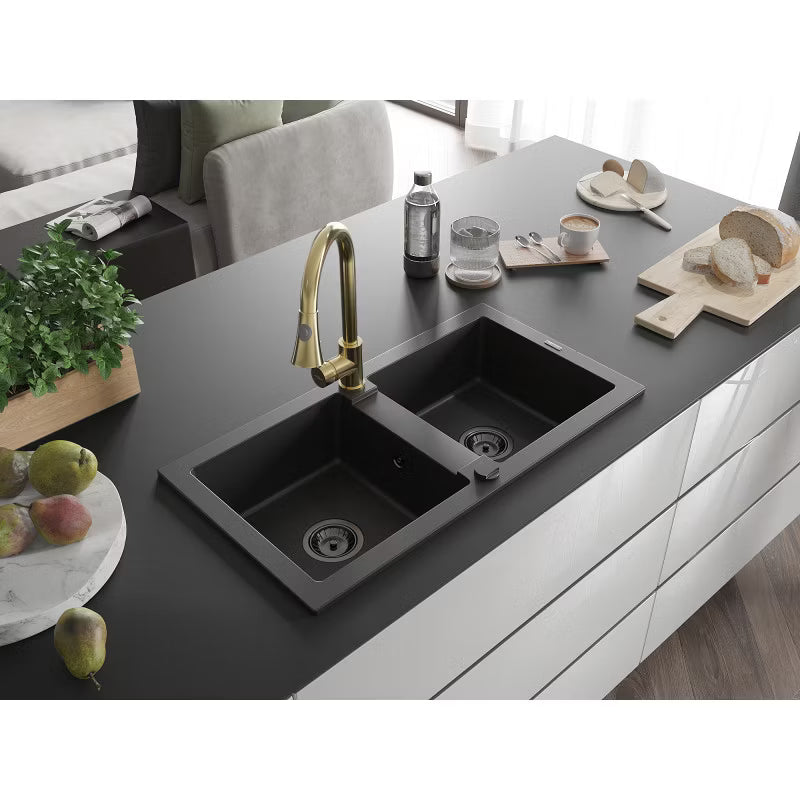 Granitvask Mario 2-Kammer 82x43,6 cm Sort med Armatur