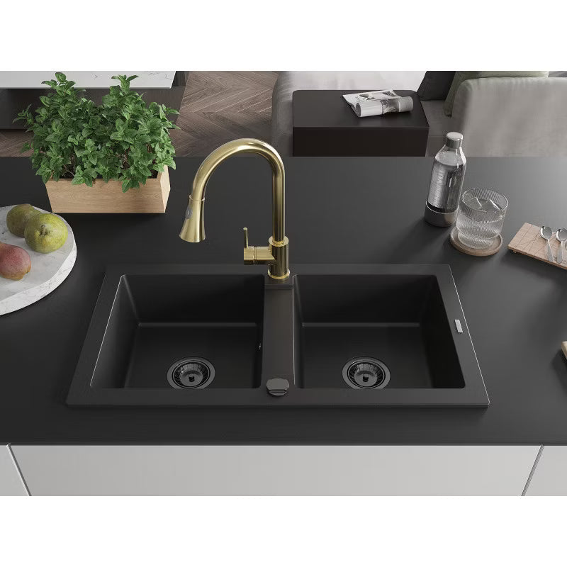 Granitvask Mario 2-Kammer 82x43,6 cm Sort med Armatur