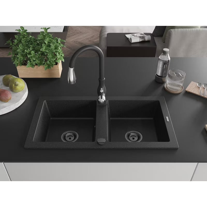 Granitvask Mario 2-Kammer 82x43,6 cm Sort med Armatur