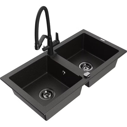 Granitvask Mario 2-Kammer 82x43,6 cm Sort med Armatur