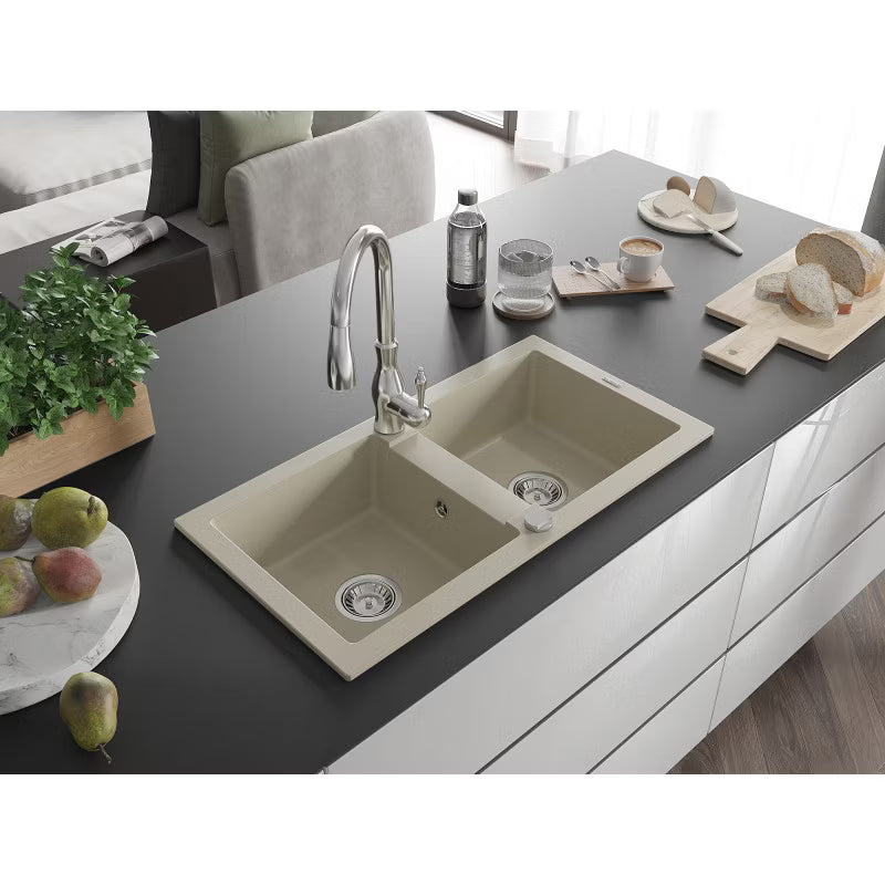 Granitvask Mario 2-Kammer 82x44 cm Beige med Armatur