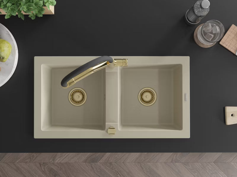 Granitvask Mario 2-Kammer 82x44 cm Beige med Armatur