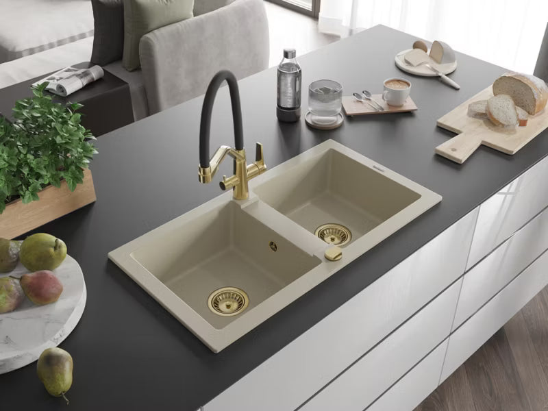 Granitvask Mario 2-Kammer 82x44 cm Beige med Armatur