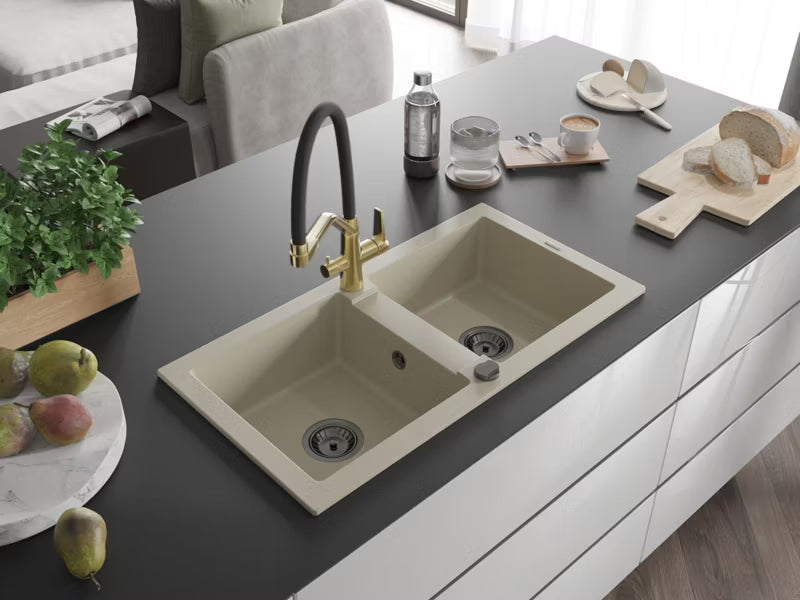 Granitvask Mario 2-Kammer 82x44 cm Beige med Armatur