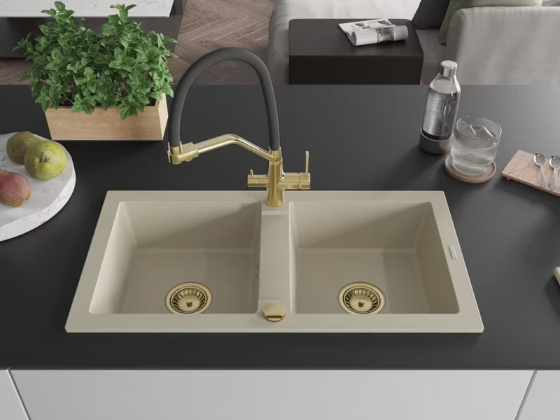 Granitvask Mario 2-Kammer 82x44 cm Beige med Armatur