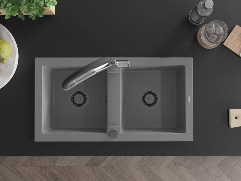 Granitvask Mario 2-Kammer 82x44 cm Grå med Armatur