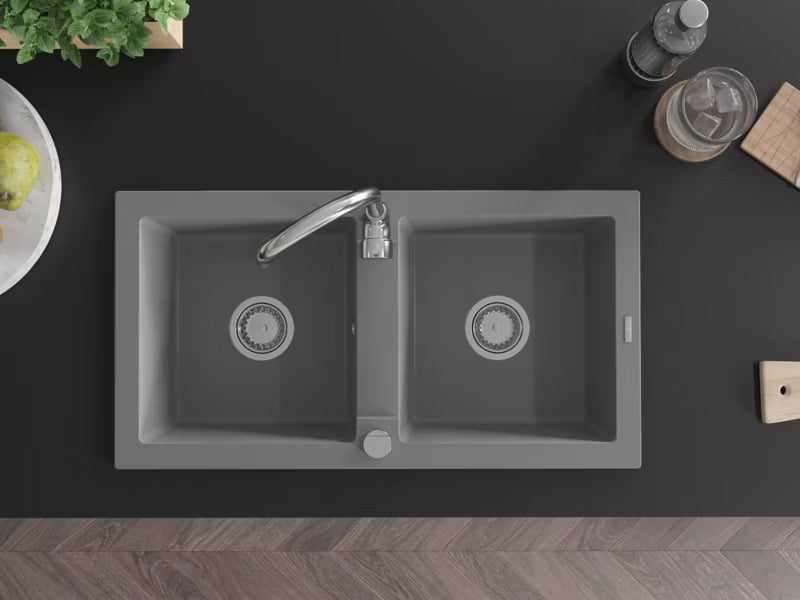 Granitvask Mario 2-Kammer 82x44 cm Grå med Armatur