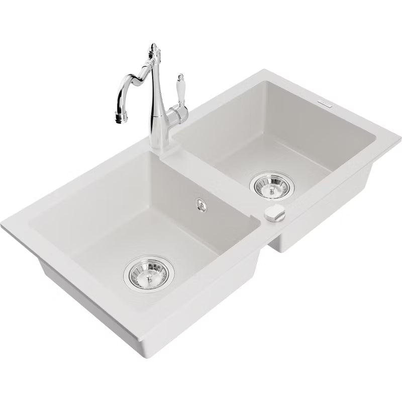 Granitvask Mario 2-Kammer 82x44 cm Hvid med Armatur