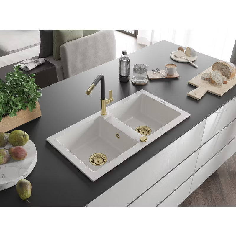 Granitvask Mario 2-Kammer 82x44 cm Hvid med Armatur Flora