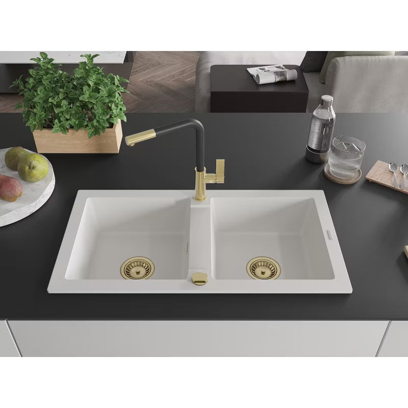 Granitvask Mario 2-Kammer 82x44 cm Hvid med Armatur Flora