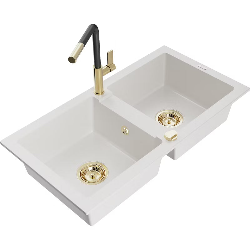 Granitvask Mario 2-Kammer 82x44 cm Hvid med Armatur Flora