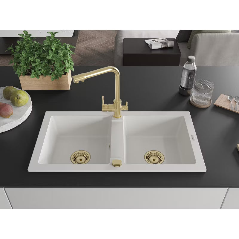 Granitvask Mario 2-Kammer 82x44 cm Hvid med Armatur