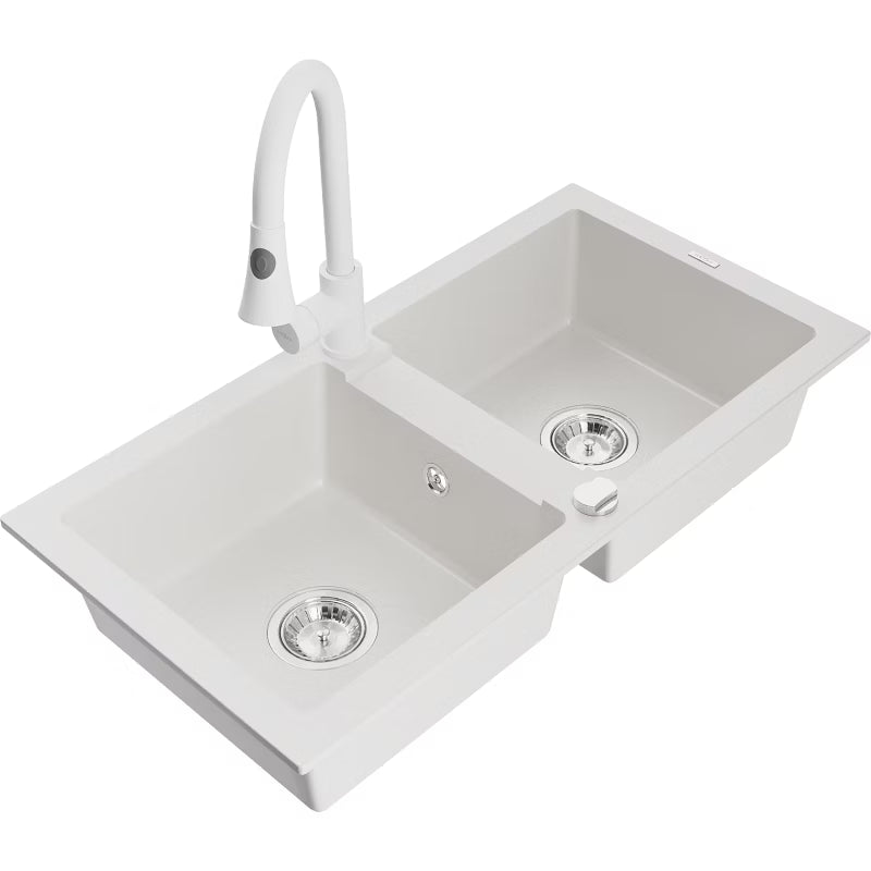 Granitvask Mario 2-Kammer 82x44 cm Hvid med Armatur