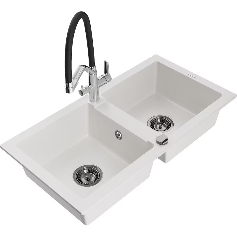 Granitvask Mario 2-Kammer 82x44 cm Hvid med Armatur