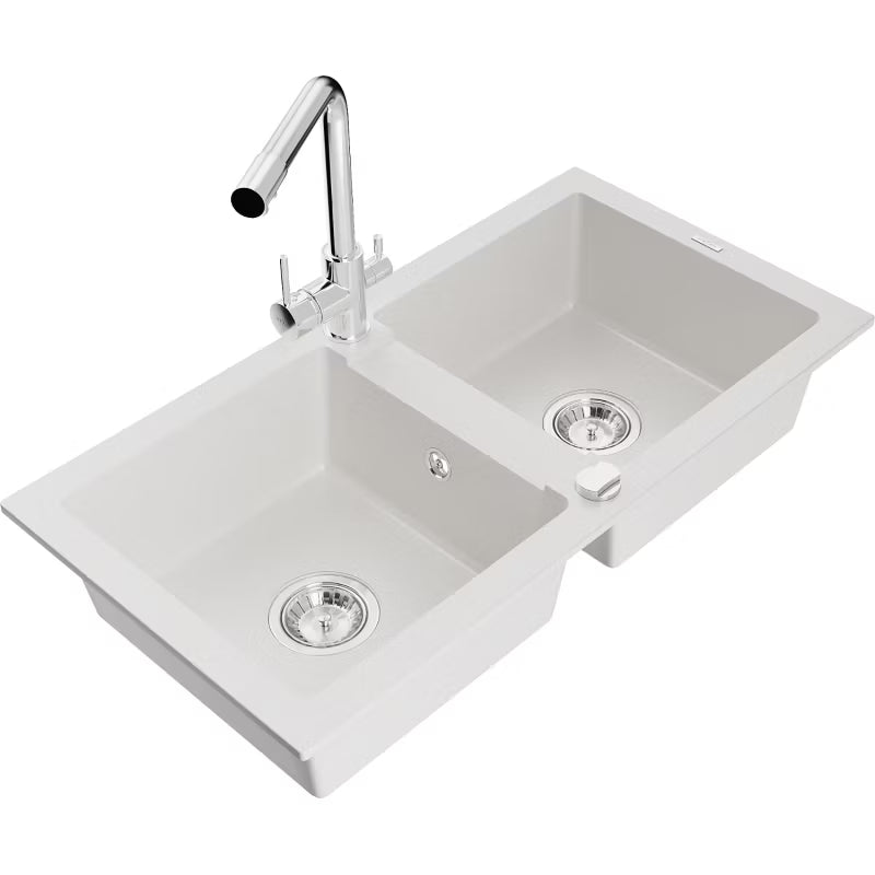 Granitvask Mario 2-Kammer 82x44 cm Hvid med Armatur