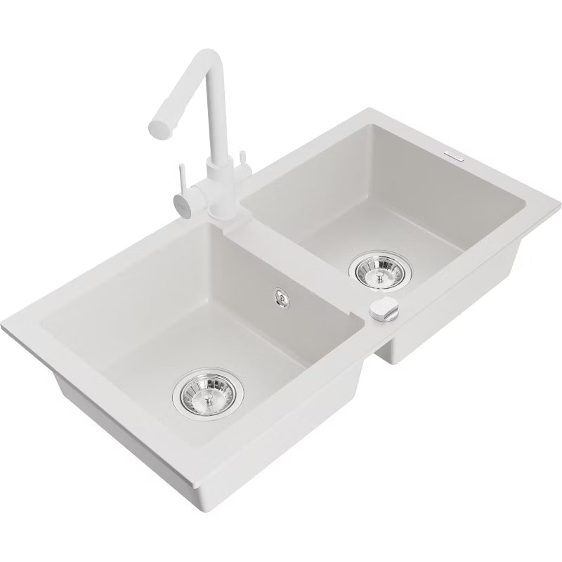 Granitvask Mario 2-Kammer 82x44 cm Hvid med Armatur