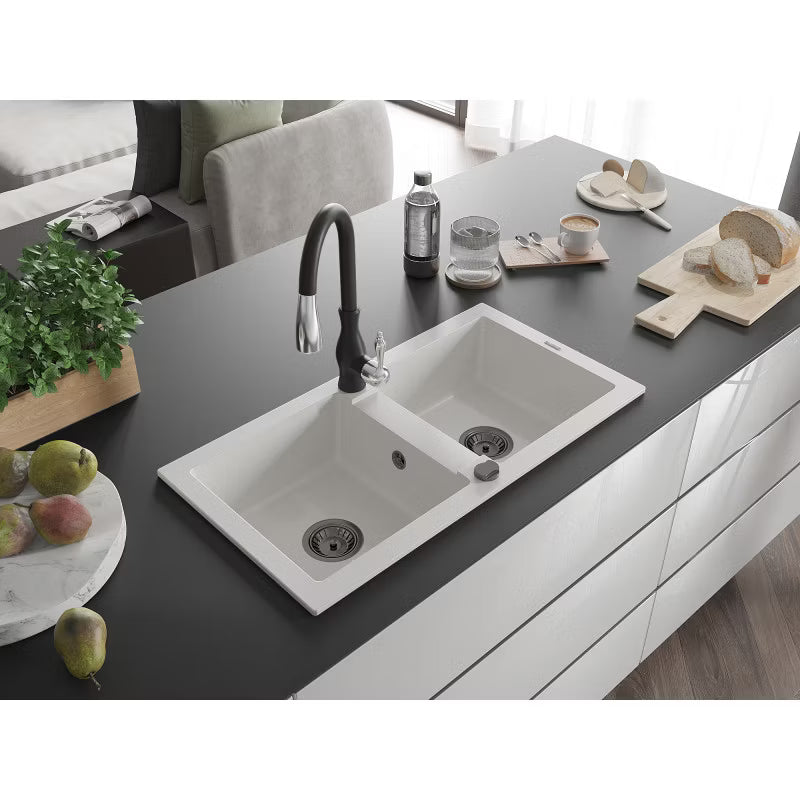 Granitvask Mario 2-Kammer 82x44 cm Hvid med Sort Armatur