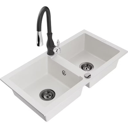 Granitvask Mario 2-Kammer 82x44 cm Hvid med Sort Armatur