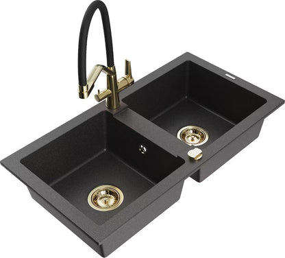 Granitvask Mario 2-Kammer 82x44 cm Sort med Armatur