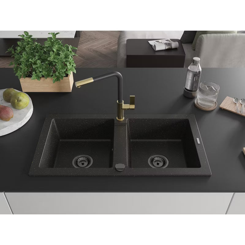 Granitvask Mario 2-Kammer 82x44 cm Sort med Armatur