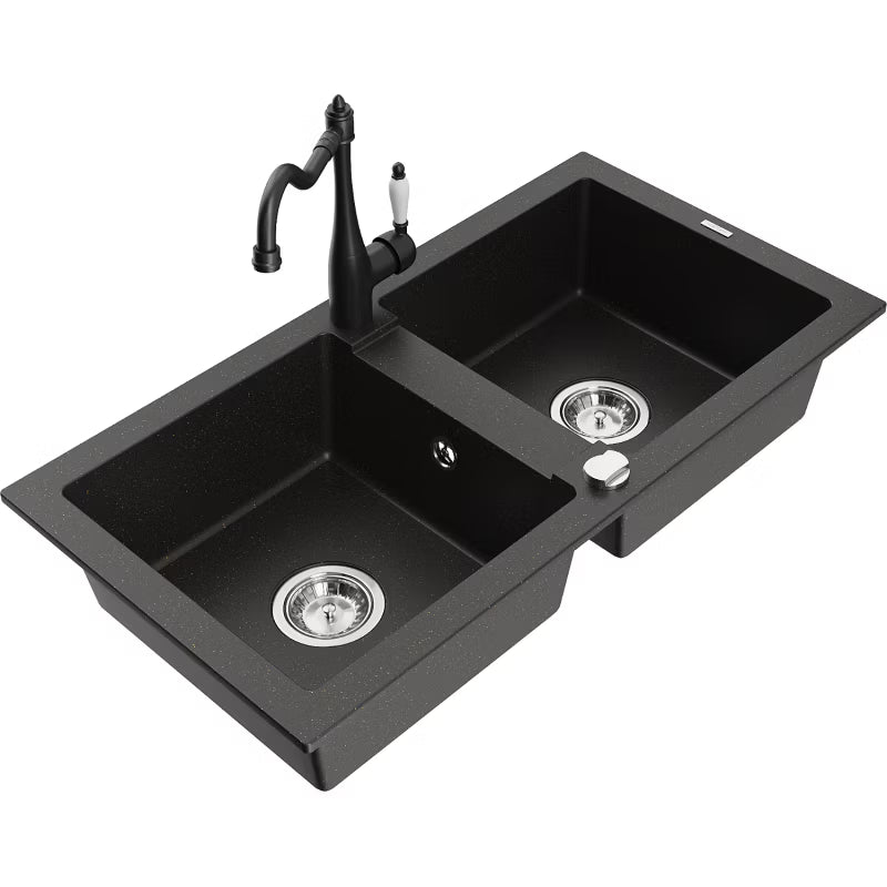 Granitvask Mario 2-Kammer 82x44 cm Sort/Guld Metalik med Carla Armatur