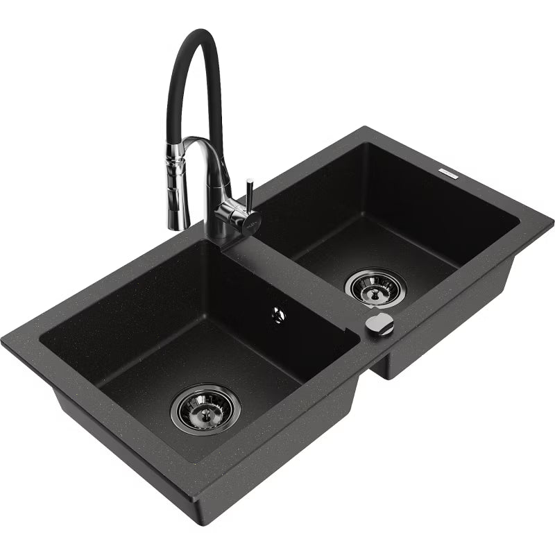 Granitvask Mario 2-Kammer 82x44 cm Sort/Guld Metallik med Armatur