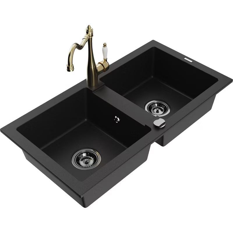Granitvask Mario 2-Kammer 82x44 cm Sort med Armatur