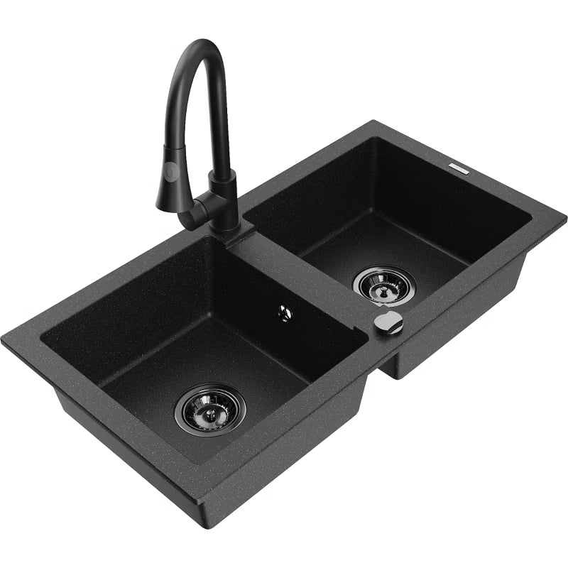 Granitvask Mario 2-Kammer 82x44 cm Sort med Armatur
