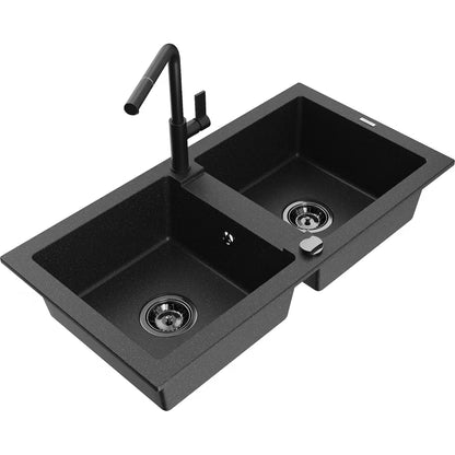 Granitvask Mario 2-Kammer 82x44 cm Sort med Armatur
